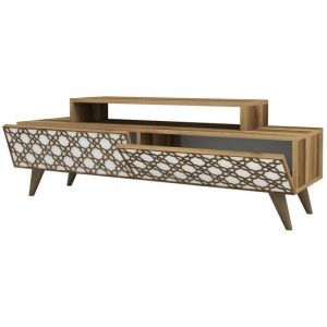 Dmora - Meuble tv Sheratan, Buffet de salon, Armoire basse pour tv, Base murale de rangement, 140x42h49 cm, Noyer et Blanc, avec emballage renforcé
