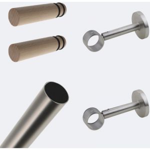 Boulet - Kit de tringle &agrave; rideaux Nickel Mat 150cm Diam.28mm Embout Cylindre Bois - Fixation Mur
