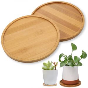 2 Pi&egrave;ces Plateau en Bambou Rond 15.5cm - Soucoupe pour Plante, Plateau de Service, Pot de Fleur en Bois pour Tasses, Services &agrave; Th&eacute;, Vase, Collations