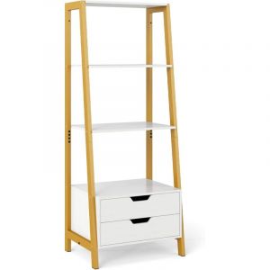 GOPLUS Biblioth&egrave;que Salon Chambre &agrave; 4 Niveaux avec 4 &Eacute;tag&egrave;res, 2 Tiroirs, &Eacute;tag&egrave;re &agrave; &Eacute;chelle Autoportante avec Cadre en M&eacute;tal, &Eacute;tag&egrave;re Moderne pour