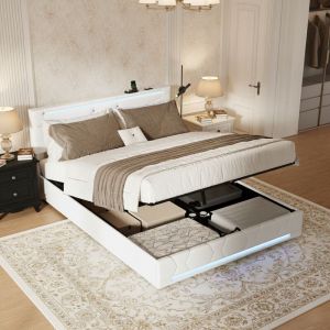 Tanant &ndash; Lit coffre 140x190 cm avec &eacute;clairage LED et port USB &ndash; T&ecirc;te de lit capitonn&eacute;e en lin &ndash; Structure m&eacute;tal et bois &ndash; Rangement hydraulique