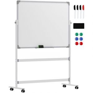 Tableau blanc magn&eacute;tique double face effacable rotatif mobile avec support, aimants, marqueurs, gomme et roulettes