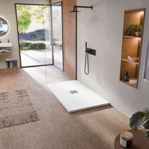 BELLOBATH - Receveur de douche en r&eacute;sine antid&eacute;rapante - Texture ardoise douce -Avec la bonde et la grille comprises - Blanc - 70 X 90 cm