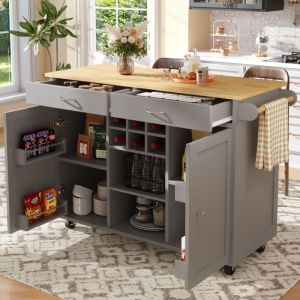 Desserte de cuisine 102x45x92 cm, avec 2 tiroirs, cloisons réglables, casier à vin, porte-serviettes, roulettes pivotantes à 360 degrés, buffet