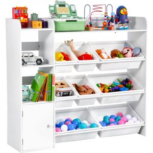 VEVOR Meuble de rangement jouets enfant a 4 niveaux avec bibliotheque, etagere deorganisateur de jouets avec 8 bacs en plastique flexibles, pour