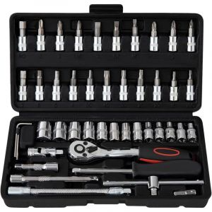 NOLUXA 46 pcs Cr-V Kit de Cle plate a cliquet et Cl&eacute; &agrave; douille,Cl&eacute; &agrave; Cliquet 1/4" auto chrom&eacute; et poli miroir,id&eacute;al pour r&eacute;paration