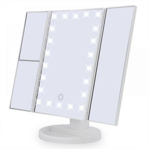 Miroir de Maquillage, Miroir Grossissant Triptyque avec 22pcs led, Miroir Lumineux 10X/3X/2X avec Ecran Tactile, Alimentation Double, Rotation