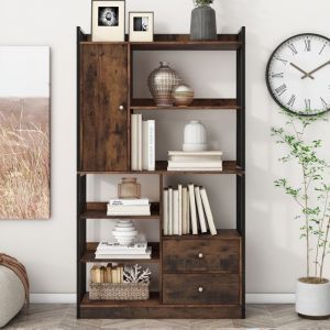 Bibliothèque, avec 6 étagères, portes, 2 tiroirs, rangement, cadre en métal doré, pour Salon, Chambre, Bureau, style industriel - Marron