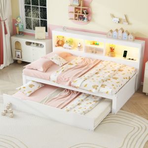 Canapé-lit pour enfant, lit double led avec lit gigogne 90x190cm, panneaux de particules, usb, sans matelas, blanc, 90x200cm