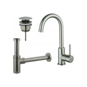 Fugaflow - Eccelente Sobrado Kit robinet lavabo - robinet haut - bec rotatif - bonde clic clac - siphon design - Inox brossé pvd