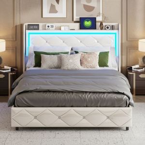 Lit coffre 160x200 cm en similicuir blanc avec t&ecirc;te de lit capitonn&eacute;e &agrave; cristaux - &eacute;clairage LED RGB - ports de charge USB et sommier &agrave; lattes inclus