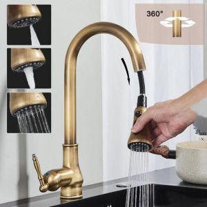 Mitigeur de Cuisine R&eacute;tro Evier Rabattable Fen&ecirc;tre en Laiton Acier Inox 304 Robinet , Cuisine Douchette Extractible 3 Fonctions (SKU produit :