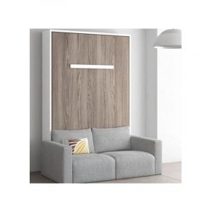 Les Tendances - Lit escamotable vertical 140x190 avec canap&eacute; tissu Kimber-Coffrage Blanc-Fa&ccedil;ade Blanche-Canap&eacute; Beige