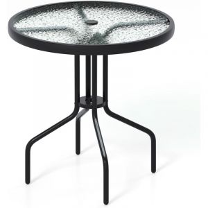 GOPLUS Table Bistrot d&rsquo;Exterieur, Table &agrave; Manger Ronde de 70 cm avec Plateau en Verre Tremp&eacute; et Trou pour Parasol de 4 cm, Structure en M&eacute;tal
