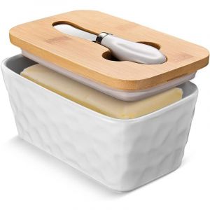 Beurrier avec couvercle, grand beurrier de comptoir, beurrier en c&eacute;ramique avec couteau, double joint en silicone, beurrier en pierre unique avec