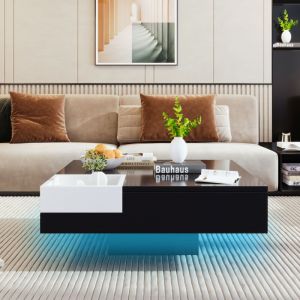 Table basse carr&eacute;e 72x72x30 cm, laque haut brillant, 1 bo&icirc;te de rangement amovible, &eacute;clairage LED, en bos, noir et blanc