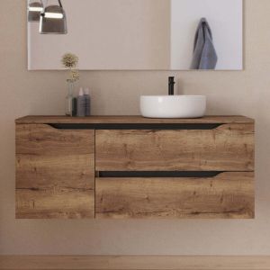 Meuble de salle de bain 120cm avec plateau et vasque &agrave; poser d&eacute;port&eacute;e &agrave; droite Ares - sans miroir - 2 tiroirs et un placard - tabaco (bois fonc&eacute;)