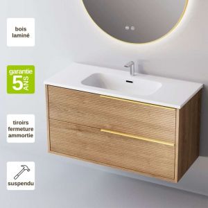 Meuble de salle de bain plan vasque Céramique, 2 Tiroirs Chêne Naturel, Poignée Or, l100xh54xp45, Effet 3D, listello