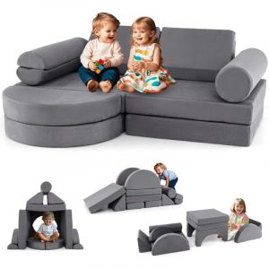 Goplus - Canapé Enfant Convertible 13 pcs, Blocs de Construction en Mousse, Housses Amovibles et Lavables, Chauffeuse Enfant 2 Places Transformable,