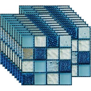 Autocollants pour carrelage, stickers muraux en mosaïque, papier peint autocollant pour cuisines et salles de bains, bleu, 20 pièces (10 x 10 cm)