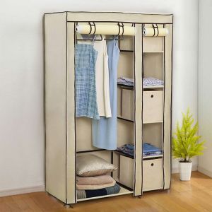 Armoire de Rangement Garde-Robe, Penderie de v&ecirc;tement Pliable en Tissu Non-tiss&eacute;, avec Compartiments et Tringles, 2 Portes, Beige 110 x 45 x 175 cm