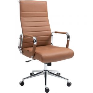 D&eacute;coshop26 - Fauteuil de bureau avec accoudoirs si&egrave;ge pivotant m&eacute;canisme &agrave; bascule en cuir v&eacute;ritable marron clair 100002518