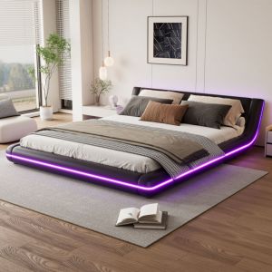 Lit Plateau Moderne 160x200 cm avec &Eacute;clairage LED Int&eacute;gr&eacute; , Sommier et T&ecirc;te de Lit en Simili Cuir (PU) Noir, Design Contemporain sans Pieds