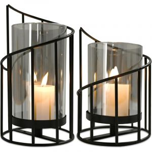 Lanternes en M&eacute;tal Noir, Lot de 2 Photophore en Verre Cylindrique, Bougies Chauffe Plat, pour D&eacute;coration Ext&eacute;rieure et Int&eacute;rieure Ext&eacute;rieur, Jardin,
