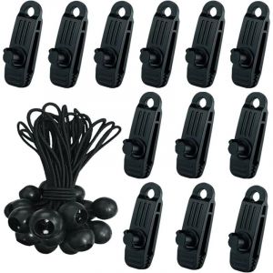 24 Pcs Clip de Tente B&acirc;che avec 12x Pince pour bache et 12x Tendeur Corde Elastique, Pince a oeillet pour bache Camping Accessoires pour Tentes,