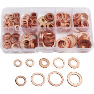 200pcs Rondelle Flat en Cuivre Ring Métriques Coffret de Rondelle Joint Assortiment 9 Tailles M5-M14 Avec Boîte Joint de Bouchon de Puisard Huile