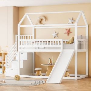 Lit mezzanine enfant 90x200cm avec toboggan et &eacute;chelle de rangement, lit ado/simple, antichute, MDF, sans matelas, blanc