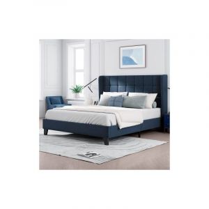 Aiducho Lit capitonné Avec sa tête de lit capitonnée lit double avec sommier à lattes, 140x200cm, en lin bleu mi-ferme (sans matelas)