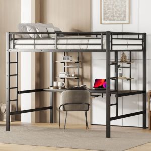 Cadre de lit Lit en métal, lit en fer, lit surélevé avec bureau et deux bibliothèques pour enfants, adolescents et adultes, 140x200cm, noir