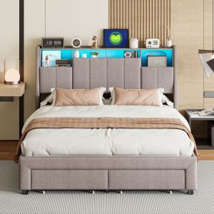 Lit Double Capitonné 160x200, Lit 160x200 avec Tiroir, Lit Adulte Lumière led et Port usb, 2 Tiroirs au Pied du Lit, Tête de Lit avec Rabat de
