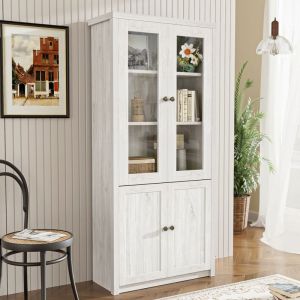 Vitrine gris, meuble de rangement, meuble haut cuisine salon, mdf, 80×34×171cm, 4 portes 4 étagères