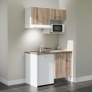 Cuisibane - Kitchenette K02L-PT - 120 cm avec plan de travail et évier - emplacements frigo, hotte et micro-ondes - Façade Bois - Plan Bois - Evier