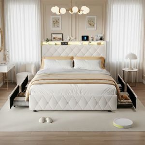 Lit Capitonn&eacute;e 140x200 Aspect Lin, T&ecirc;te de Lit avec LED et USB Int&eacute;gr&eacute;, Lit Enfant/Ado avec 4 Tiroirs, Sommier Inclus - Beige