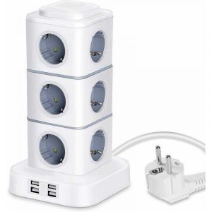 Multiprise 12 prises (2 500 W/10 A) avec 4 ports USB, multiprise verticale avec parasurtenseur pour la maison et le bureau, rallonge de 3 m