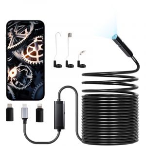 VEVOR Camera Endoscopique avec Cable Semi-rigide 15 m, Endoscope HD 1920p pour Android et iOS, avec 8 Lumieres LED Reglables, Zoom, Etanche IP67,