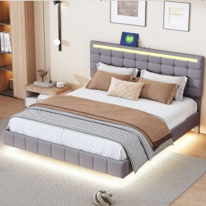 Lit adulte 160x200 cm, lit flottant avec LED et 2 ports USB, T&ecirc;te de lit r&eacute;glable, sommier &agrave; lattes, lit double, scandinave, tissu, Gris