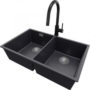 Primagran - Evier Sous Plan 76x47cm, Evier en Granit 2 bacs + Robinet 40x20cm + Kit de Vidage, Évier au meuble 80cm - London Twin, Graphite