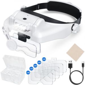 Lunette Loupe Grossissante, Loupe Frontale Serre-T&ecirc;te avec Lumi&egrave;re LED, Lunette Loupe avec 5 Lentilles D&eacute;tachables(1.0X 1.5X 2.0X 2.5X 3.5X) pour