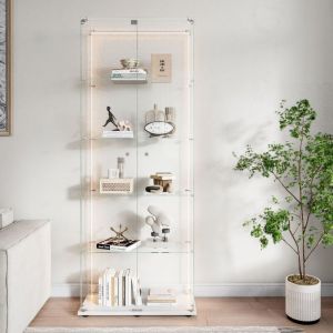 Vitrine en verre, vitrine pour collection, espace de rangement &agrave; 5 niveaux, avec bande lumineuse LED, base en m&eacute;tal, vitrine autoportante, Blanc