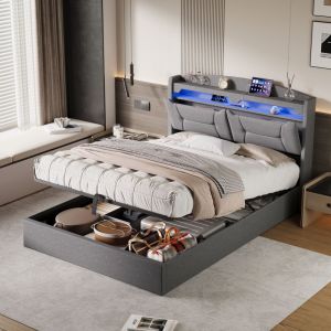 Lit 140 x 200 avec sommier, Lit 140x200, Lit 140, Lit Moderne avec T&ecirc;te de Lit en Tissu Gris Clair, &Eacute;clairage d'Ambiance RGB, Espace de Rangement et