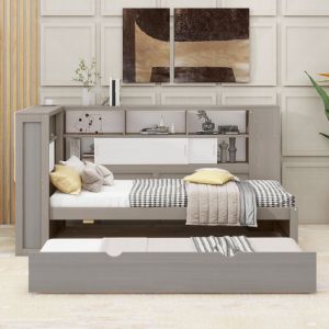 Canapé-lit 90x200cm (90x190cm) lit simple d'enfant avec lit gigogne, bibliothèque et portes coulissantes et port usb, en mdf, gris, sans matelas