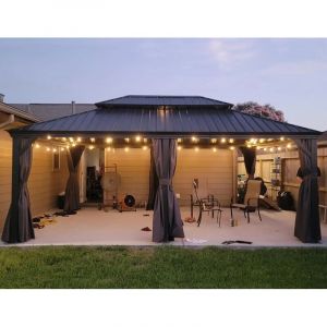 Purple Leaf Pergola Aluminium Hardtop avec LED, Rideaux et Moustiquaires &ndash; Tonnelle &agrave; Double Toit en Acier Galvanis&eacute; &ndash; Pavillon Ext&eacute;rieur 7,32 x 3,65