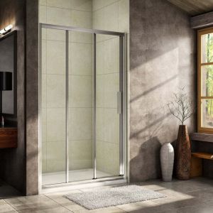 Porte de douche coulissante verre trempé clair Ep.6mm - 120x195cm - 3 volets - Chromé - Réversible - Installer en niche