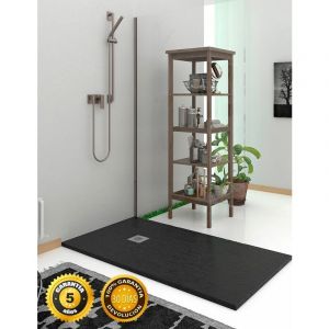 Receveur de douche extraplat - Résine et charges minérales - Texture Ardoise - Antidérapante C3 - Fourni avec grille et siphon - Noir 100X170 Ral 9005