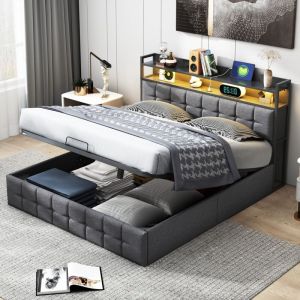 Lit coffre 140x190 cm, Lit de Rangement, avec LED, Ports USB, Compartiment de Stockage, M&eacute;canisme Hydraulique, Tissu Lin, Base &agrave; Lattes - Gris
