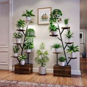 Porte Plante Interieur - Lot de 2 &Eacute;tag&egrave;res &agrave; Plantes 7 Niveaux en Forme d&rsquo;Arbre avec &Eacute;clairage de Croissance et Meuble de Rangement, Support &agrave; Fleurs